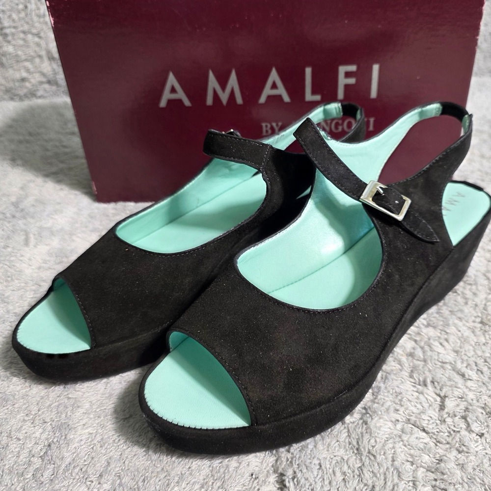 AMALFI BY RANGONI Women Black Italian Suede Slingback Wedge Heels Sandals 7M NEW
